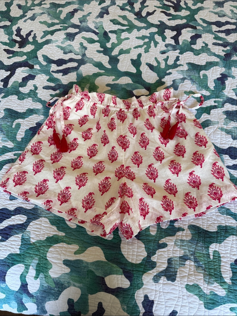 Roller Rabbit Lined White Cotton Shorts w/ Pink Floral & Tassel Drawstring S